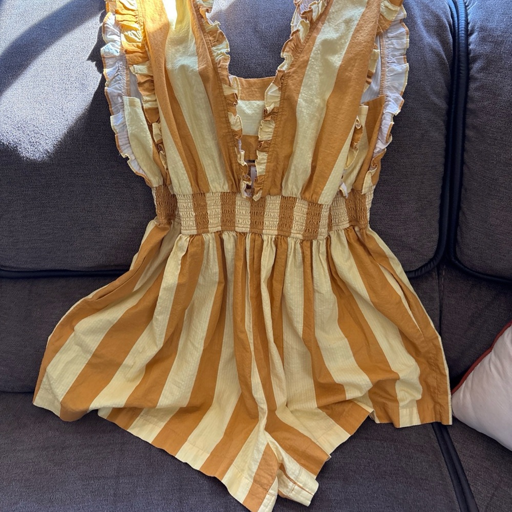 Anthropologie Plenty Tracy Reese Romper Womens Large  Yellow Striped Ruffle - Picture 4 of 6